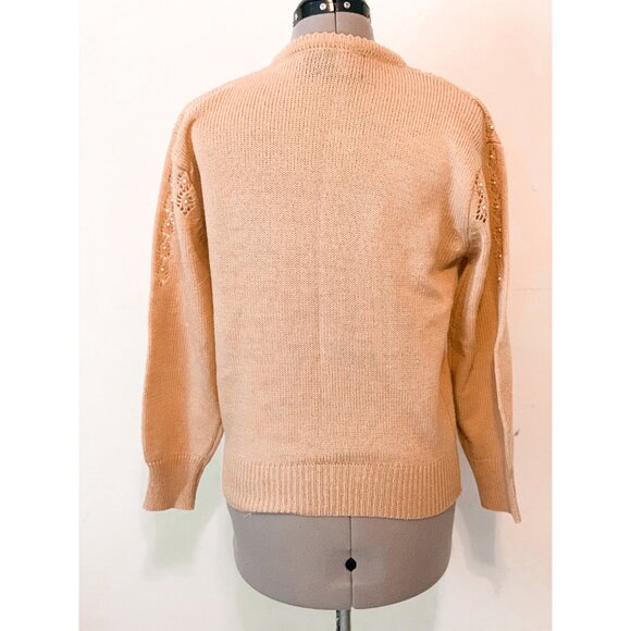 Vintage 80s Carmel Brown Beaded Knit Cardigan Sweater Size Medium - Picture 6 of 10